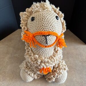 Handmade Crochet Llama Alpaca Beige Stuffed Animal Toy Orange Accents